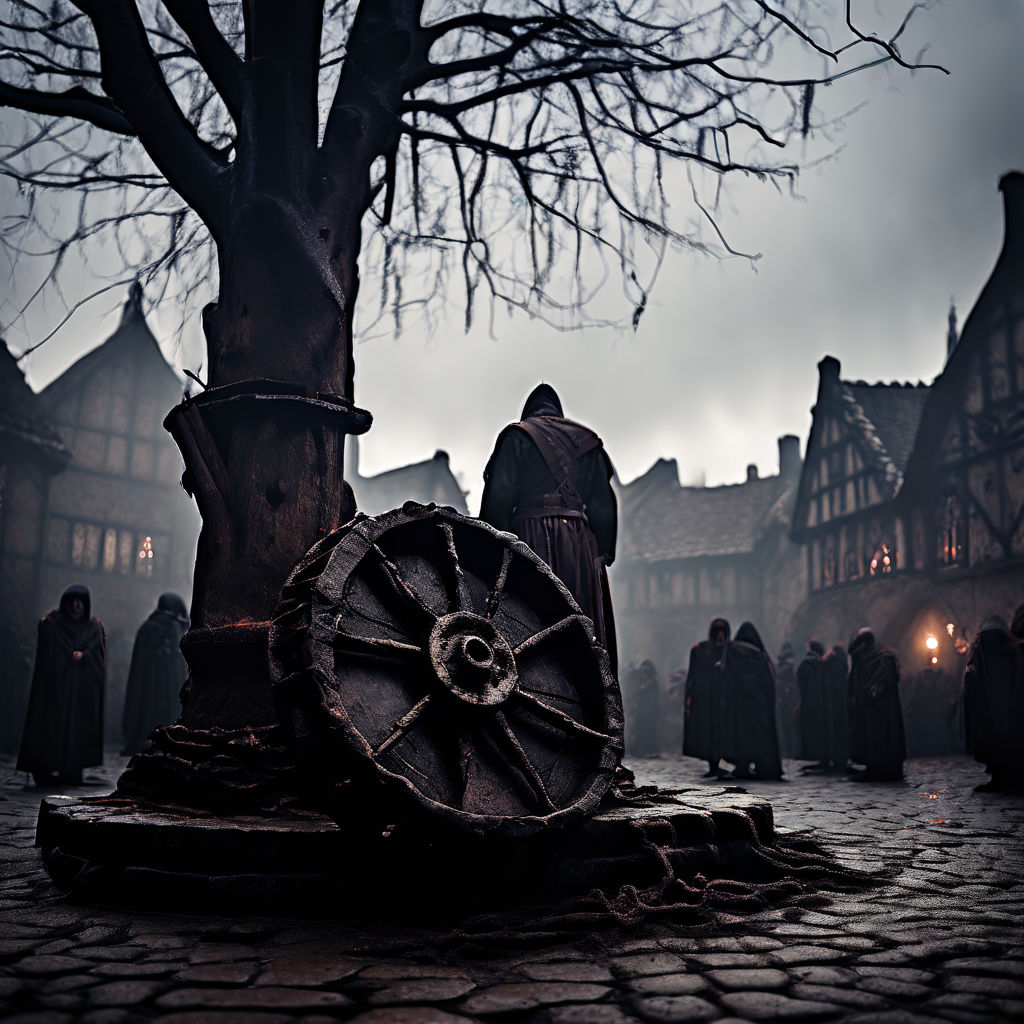 a medieval executioners wheel subjected to a chilling scene of historic torture positioned on a we